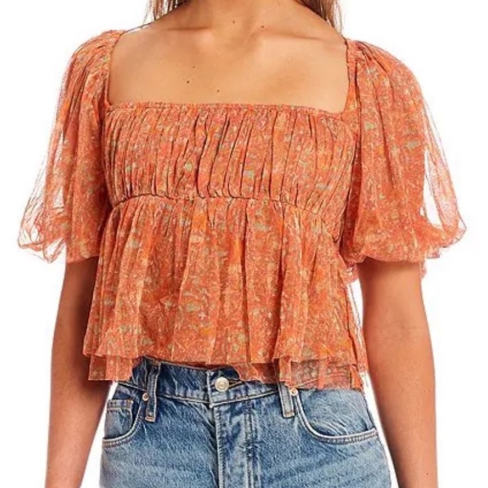 NWOT-Free People Penelope Tee Peach Combo Square Neck Blouse - Picture 16 of 16